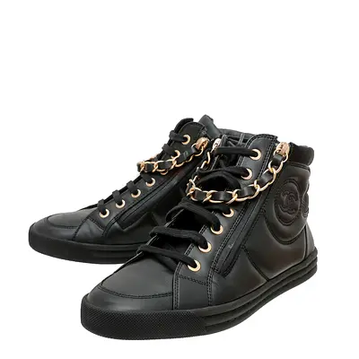 AUTHENTIC Chanel Black Double Zip Chain Detail High Top Sneakers 36