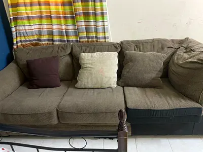3-Seater Brown Fabric Sofa with Cushions - Good Condition