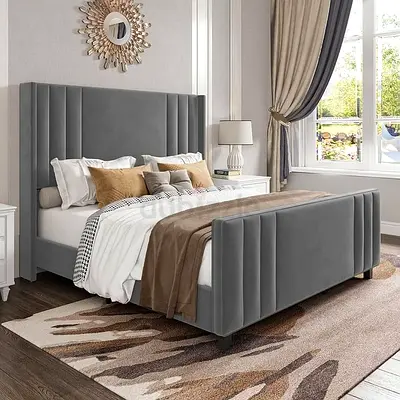 Grey Velvet King Size Bed with Padded Headboard and Footboard