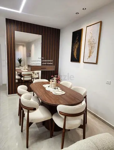 Modern Wooden Dining Table with 6 Upholstered Chairs - Walnut Finish