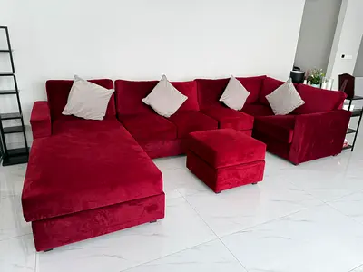 Large Burgundy L-shape Velvet Sofa with Ottoman - Good Condition