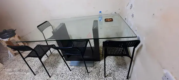 Glass Top Dining Table with Central Pedestal Base and 4 Chairs