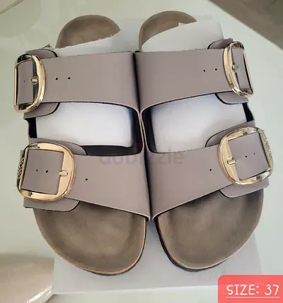 Women’s Double-Buckle Beige Leather Sandals - Size 37