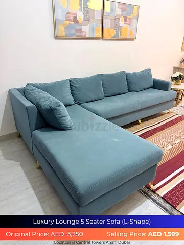 Light Teal L-shape 5-Seater Velvet Sofa (Left Chaise) - Good Condition