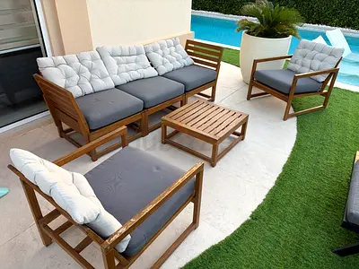 Outdoor teak lounge set with cushions - 3-seater + 2 chairs + table