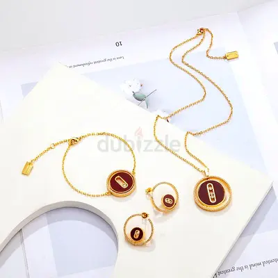 Gold-tone Matching Necklace, Bracelet and Earring Set with Brown Enamel Medallions