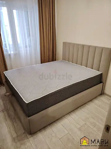 Upholstered Double Bed Frame with Headboard and Mattress - Neutral Beige