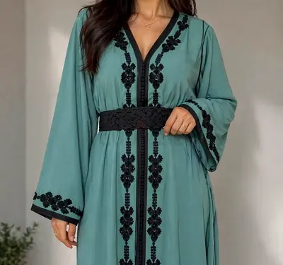Light Teal Embroidered Abaya with Black Belt - Size M