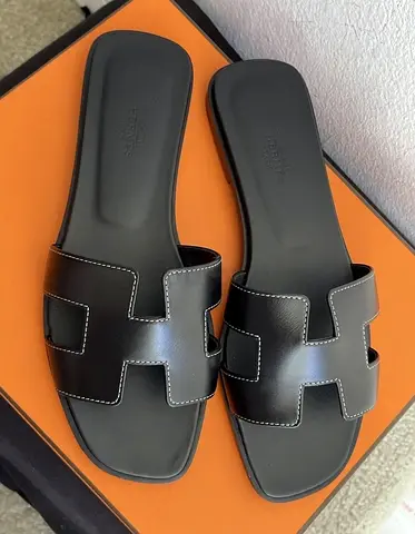 Hermes Black Leather Slide Sandals with H-Cutout sizes 36 to 41