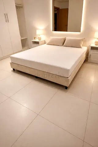Minimalist queen bed base with mattress and bedside tables (set)