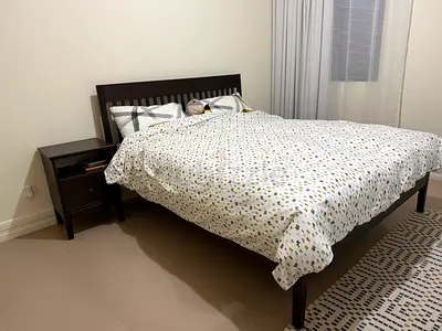 Dark Wood Double Bed with mattress and Matching Nightstand - Good Condition