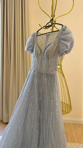 Light Blue Sequin Evening Gown with Puff Sleeves - Size Approx Medium