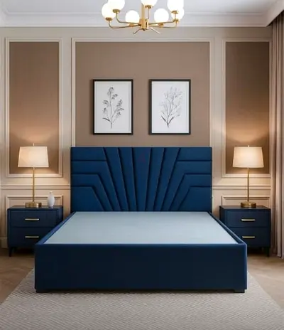 Modern Blue Upholstered Bed Frame with Headboard (King/Queen) + Two side tables
