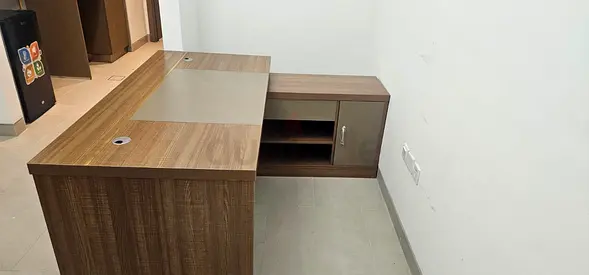 Used L-shaped Office Desk with Storage Cabinet - Medium Brown