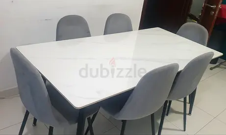 6-Seater Marble-Top Dining Table with Grey Upholstered Chairs