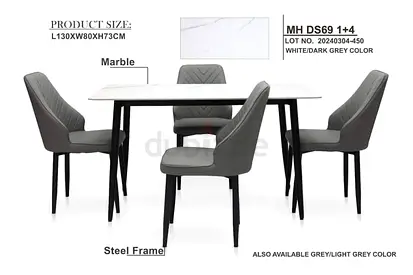 Modern 4-Seater Marble Top Dining Table with Grey Chairs (L130 x W80 x H73 cm)