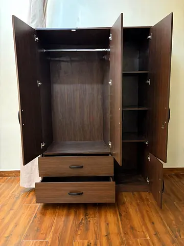 Dark Wood 3-Door Wardrobe with Drawers and Shelves - Good Condition