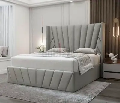 Modern Upholstered King Bed with High Padded Headboard - Light Grey