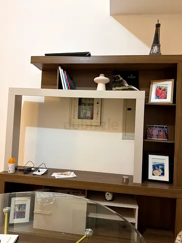 Wooden Entertainment TV Unit with Shelves and Mirror