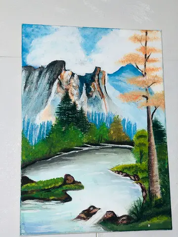 Hand-painted Landscape Oil Painting - Mountain Lake Scene