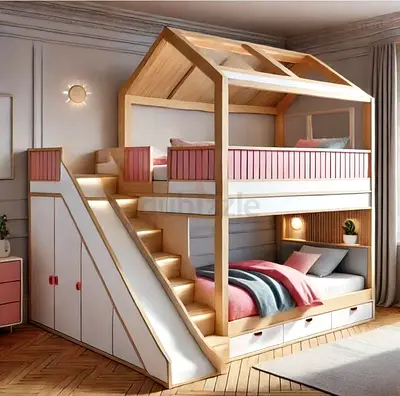 Wooden House-Style Bunk Bed with Storage  Staircase (Ideal for Kids)