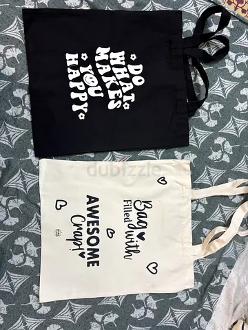 Set of 2 Printed Cotton Tote Bags – Black  Cream, Reusable