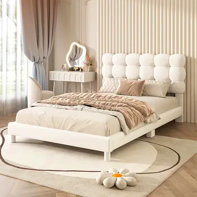 Modern upholstered queen bed frame with padded headboard - white