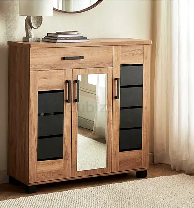 Wooden Shoe Cabinet with Mirror - Light Oak, 3 Doors