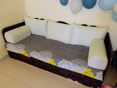 4 Seater Wooden Daybed / Sofa with Cushions - Dark Carved Frame