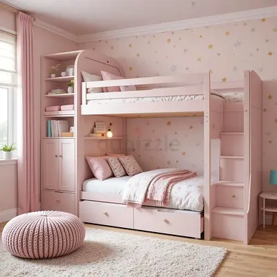 Pink Bunk Bed with Stairs, Storage Drawers and Built-in Shelves