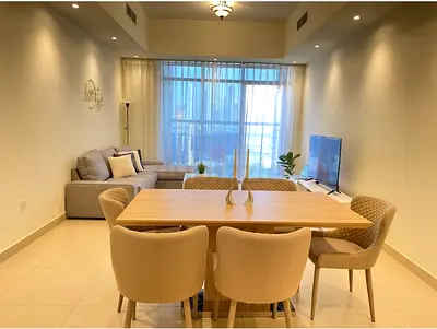 Light Wood Dining Table with 6 Upholstered Chairs - Modern Set