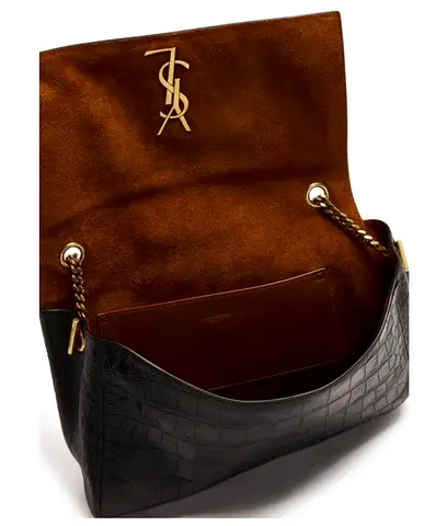 YSL (Saint Laurent) Black Croc-Embossed Leather Shoulder Bag - Gold Chain Strap