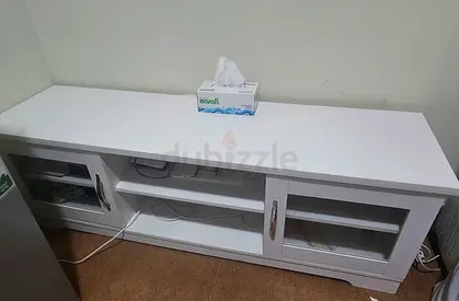White Wooden TV Stand / Entertainment Unit - 2 Glass Doors, Open Shelves