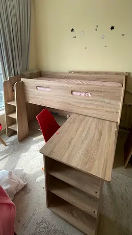 Light Wood Loft Bed with Built-in Desk and Shelves