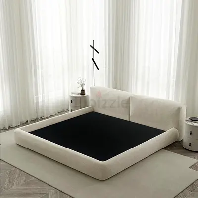 Modern Low Profile Upholstered Platform Bed Frame - King Size (Beige)