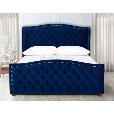 Navy Blue Tufted Upholstered Double Bed with Nailhead Trim