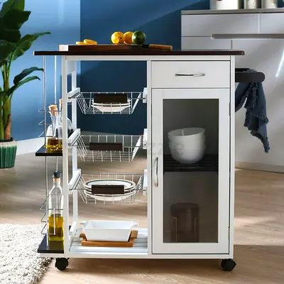 Wooden Kitchen Island Cart with Drawers, Shelves  Glass Door - White
