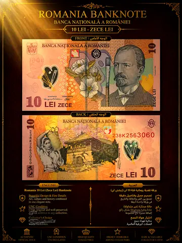 Romania 10 Lei Banknote – Front  Back Display | Artistic Design