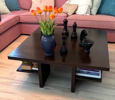 Dark Wood Square Coffee Table and side table with Lower Shelves