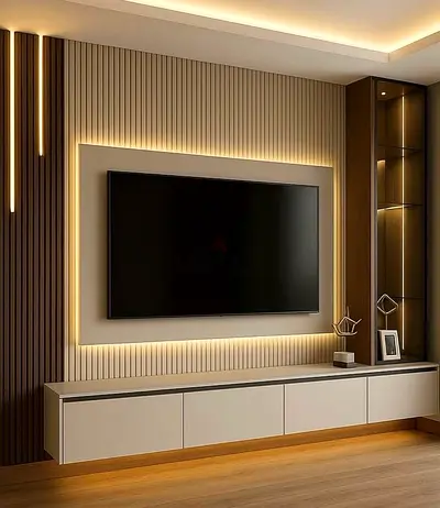 Modern wall-mounted entertainment unit with LED backlight and display cabinet