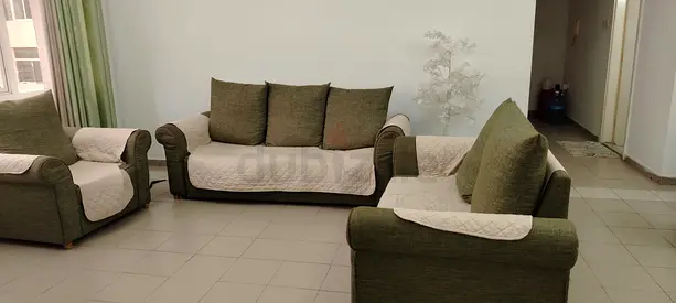 3-piece olive green fabric sofa set — good condition