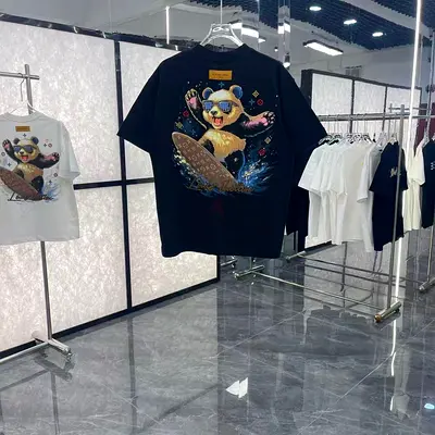 LV Black Graphic Short-Sleeve T-Shirt with Surfing Bear Print - Size S to 3xl