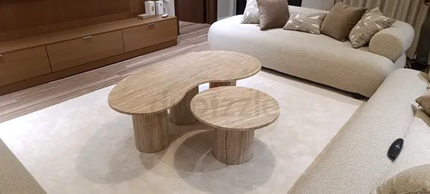 Set of 2 Travertine Coffee Tables - Kidney  Round Nesting Set
