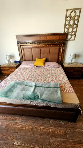 King Size Ornate Wooden Bed with Matching Nightstands and Dressing Table