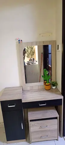 Compact dressing table with mirror and 2-drawer stool - light wood finish urgent sale (leaving)