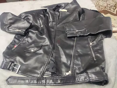 Black Faux Leather Biker Jacket with Belt - Size Approx M