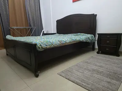 Dark Wood Double Bed Frame with Matching Nightstand