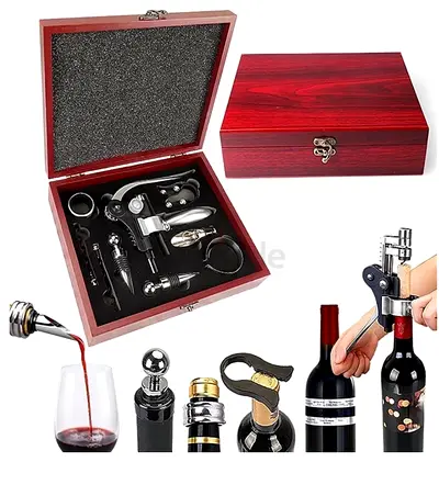 Wine Accessory Set with Wooden Box — Corkscrew, Stoppers  Pourers (Like New)