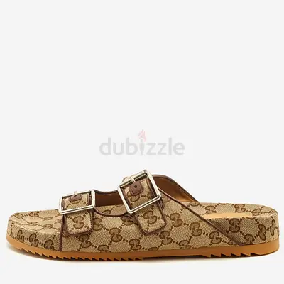 Authentic Gucci GG Size 44 Beige/Brown Canvas and Leather Double Buckle Slide Sandals