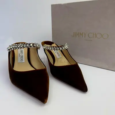 AUTHENTIC JIMMY CHOO BING TAN VELVET 65 HEELS (SIZE 39/UK6)